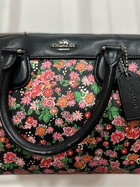 Coach Black Floral Satchel with Pink and Orange Blooms